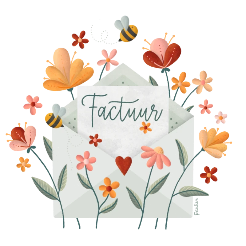 Envelop-brief-Factuur-bloemen-bijtjes-illustratie_Paulien-van-de-Kuijlen Illustratie van een open envelop waar een brief uitsteekt met de tekst 'Factuur'. Voor en achter de envelop staan bloemen, en er vliegen twee bijtjes omheen. Gemaakt door Paulien van de Kuijlen.