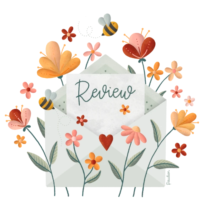 Envelop-brief-Review-bloemen-bijtjes-illustratie_Paulien-van-de-Kuijlen Illustratie van een open envelop waar een brief uitsteekt met de tekst 'Review'. Voor en achter de envelop staan bloemen, en er vliegen twee bijtjes omheen. Gemaakt in Procreate door Paulien van de Kuijlen.