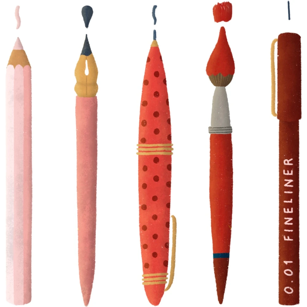 Illustratie-Pennen-Potlood-Kwast-Paulien-van-de-Kuijlen Illustratie voor de Digitale Tekendoos met pennen, potlood en kwasten getekend in Procreate door Paulien van de Kuijlen