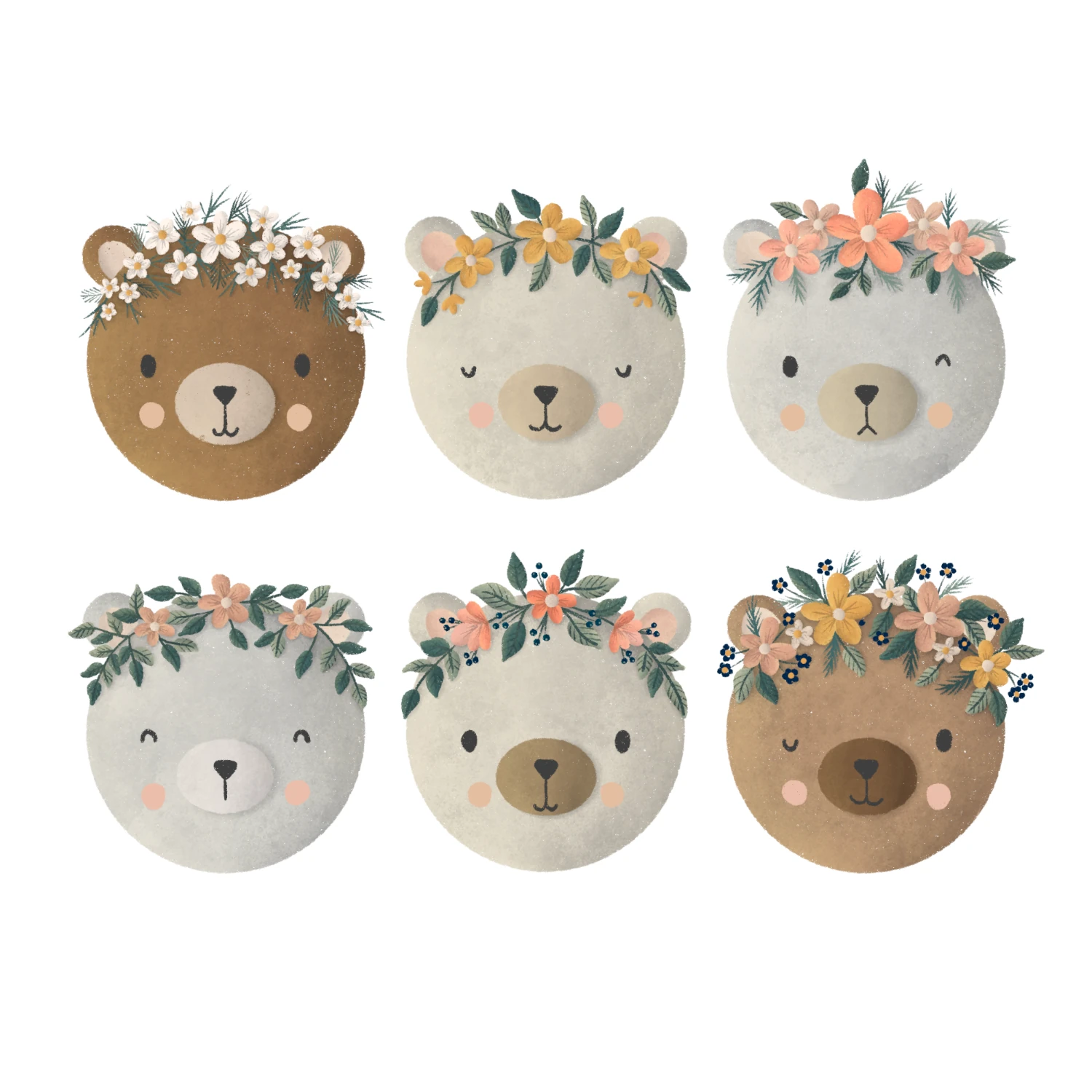 Illustratie-beren-met-bloemenkrans-wit-geel-zalmroze-door-Paulien-van-de-Kuijlen Illustratie van 6 berenkopjes in bruin, beige en grijs, elk met een bloemenkrans in wit, geel en zalmroze. Gemaakt in Procreate door Paulien van de Kuijlen.