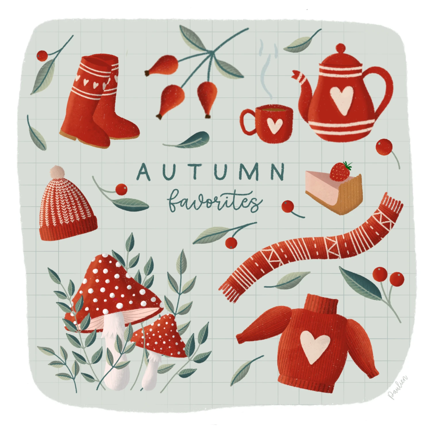Illustratie-herfst-regenlaarzen-paddenstoelen-thee-trui-muts-sjaal-door-Paulien-van-de-Kuijlen Herfstillustratie met rode regenlaarzen, theepot, theekopje, aardbeiengebakje, gebreide trui, muts en sjaal en rood met witte paddenstoelen. Met de tekst ‘Autumn favorites’. Gemaakt in Procreate door Paulien van de Kuijlen.