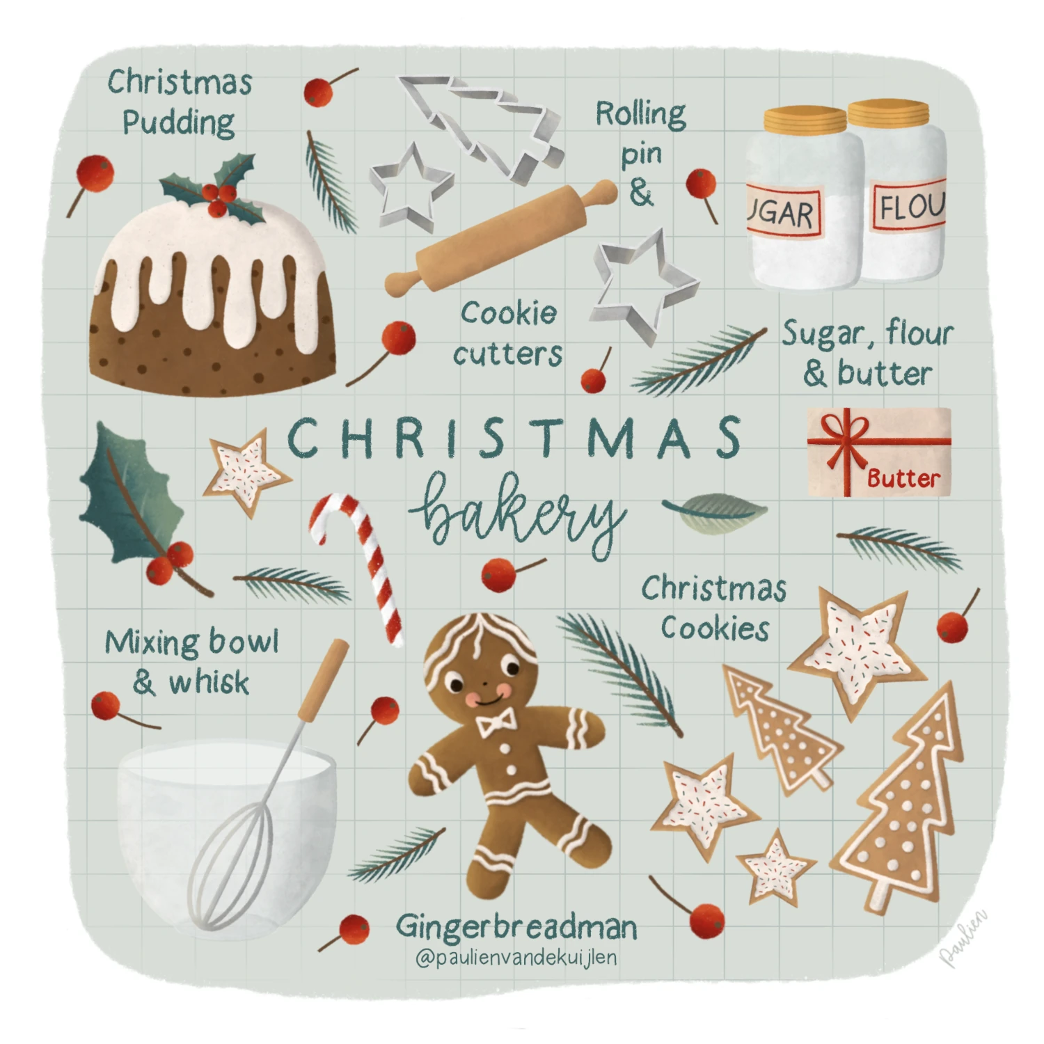 Illustratie-kerst-bakken-christmas-bakery-koekjes-en-kerstversiering-Paulien-van-de-Kuijlen Illustratie met de tekst ‘Christmas Bakery’ en allerlei ingrediënten en attributen om koekjes te bakken, zoals, boter, suiker, bloem, uitsteekvormpjes en een deegroller. Getekend in Procreate door Paulien van de Kuijlen.