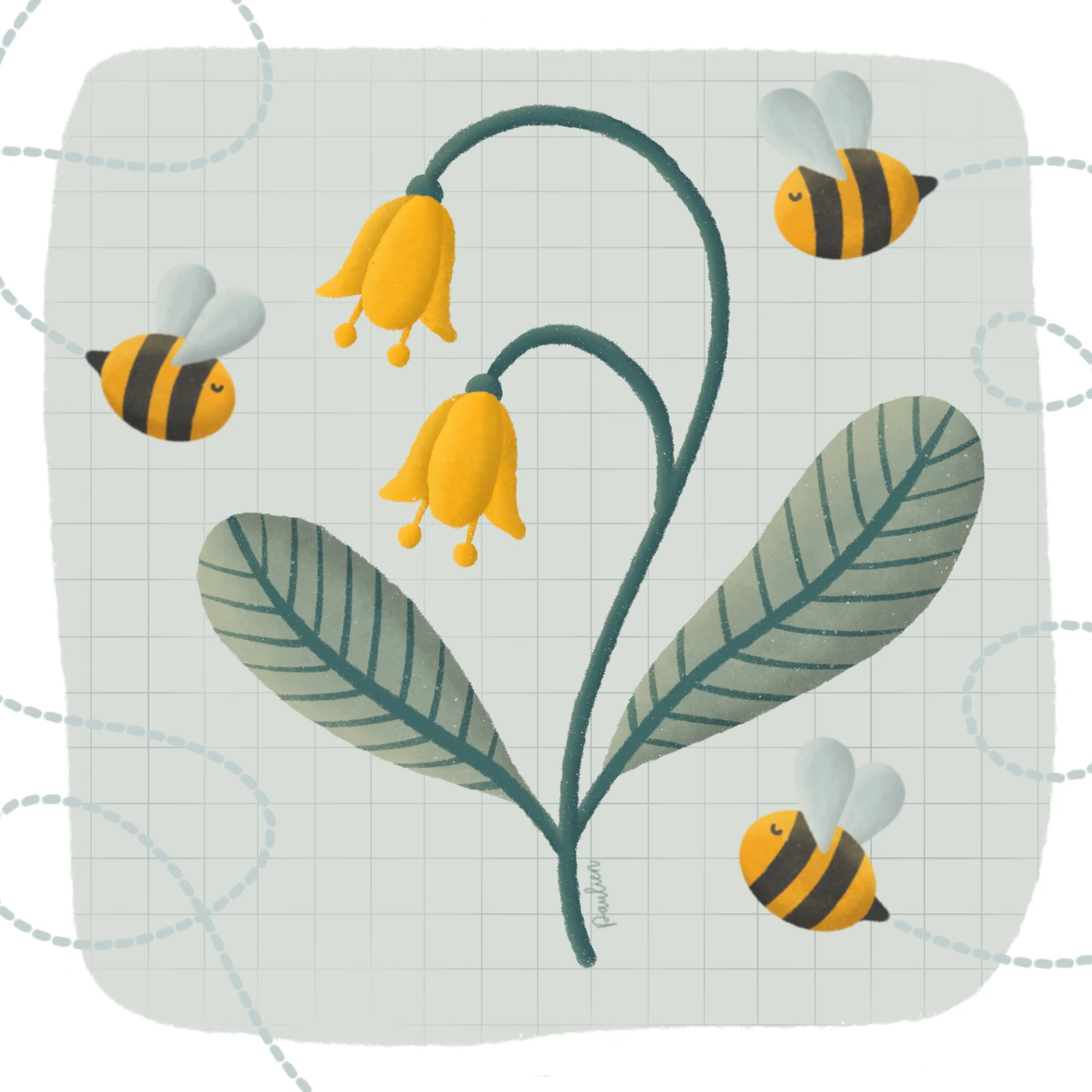 Illustratie-met-gele-klokjesbloemen-bijtjes-door-Paulien-van-de-Kuijlen Illustratie van gele klokjesbloemen met drie vliegende bijtjes eromheen. Gemaakt in Procreate door Paulien van de Kuijlen.