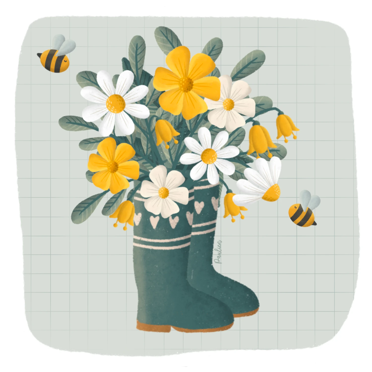 Illustratie-met-groene-regenlaarzen-bloemen-bijtjes-door-Paulien-van-de-Kuijlen Illustratie van twee groene regenlaarzen gevuld met een boeket van gele klokjesbloemen, margrietjes en andere witte en gele bloemen, omringd door twee vliegende bijtjes. Gemaakt in Procreate door Paulien van de Kuijlen.