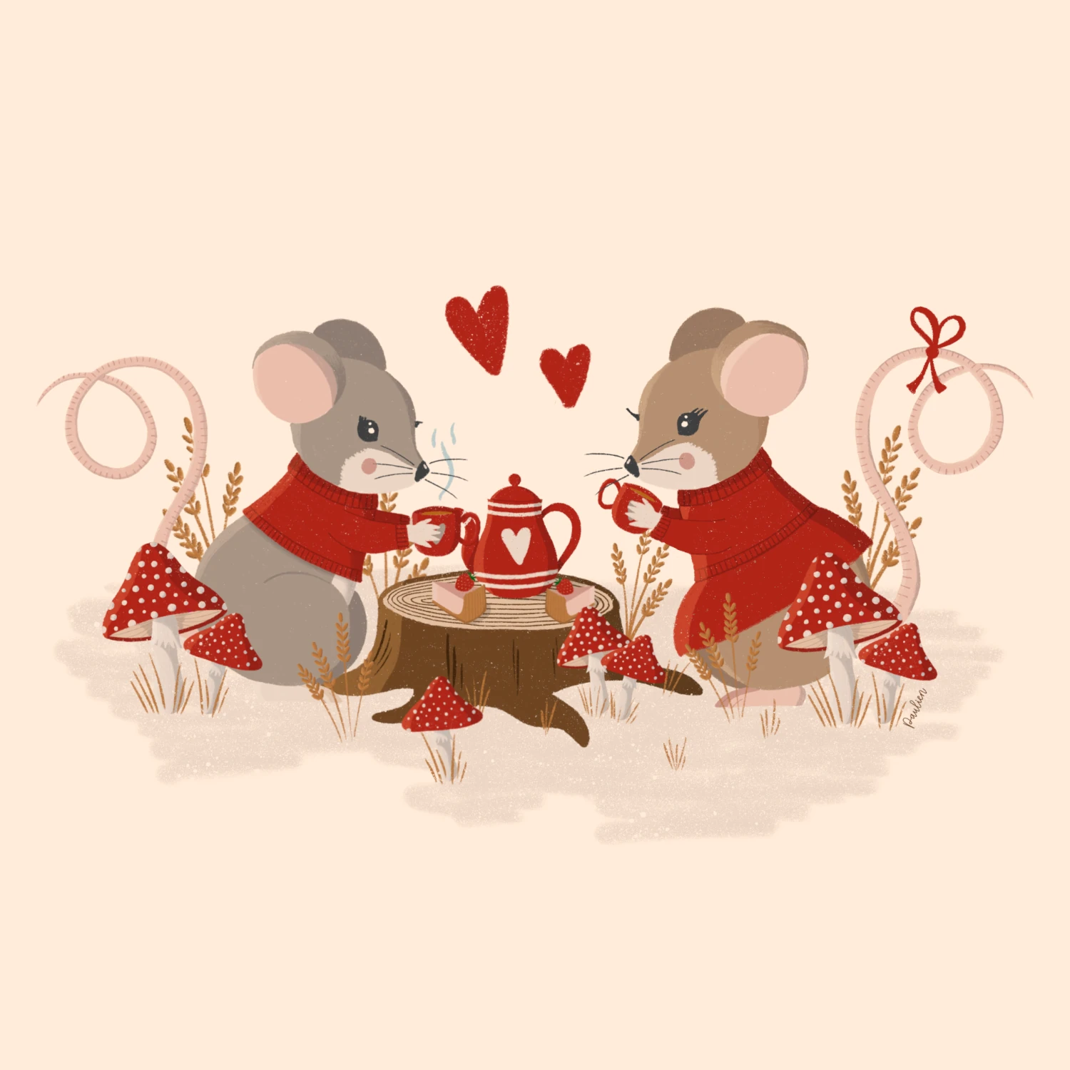 Illustratie-muizen-picknick-met-thee-en-taart-door-Paulien-van-de-Kuijlen Illustratie van twee verliefde muisjes die samen thee drinken bij een boomstronk met een theepot en taart. Rondom groeien rode paddenstoelen met witte stippen. Gemaakt in Procreate door Paulien van de Kuijlen.