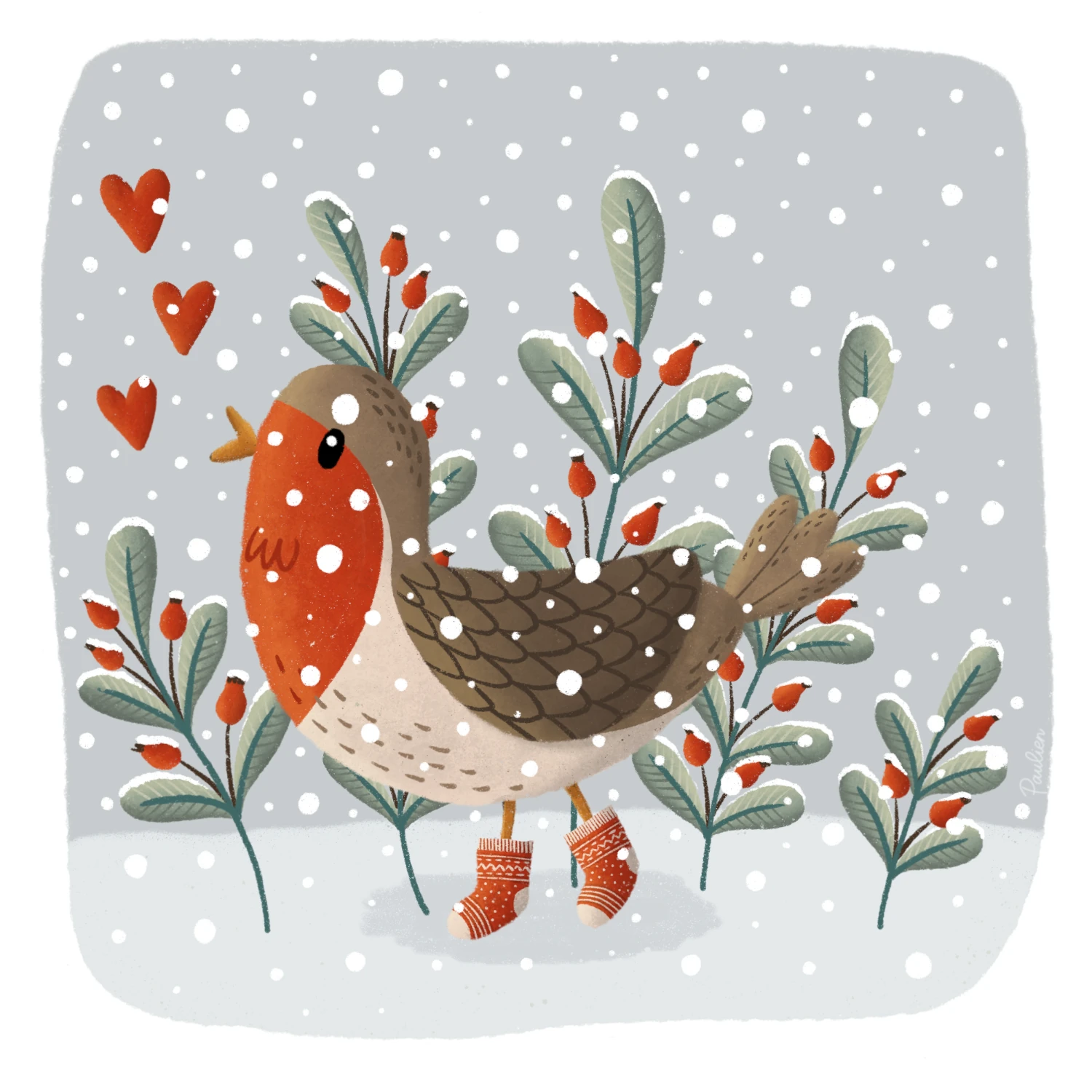 Illustratie-roodborstje-in-de-sneeuw-rozenbottels-door-Paulien-van-de-Kuijlen Illustratie van een roodborstje in de sneeuw met sokjes aan, met op de achtergrond takken met rode rozenbottels. Gemaakt in Procreate door Paulien van de Kuijlen.