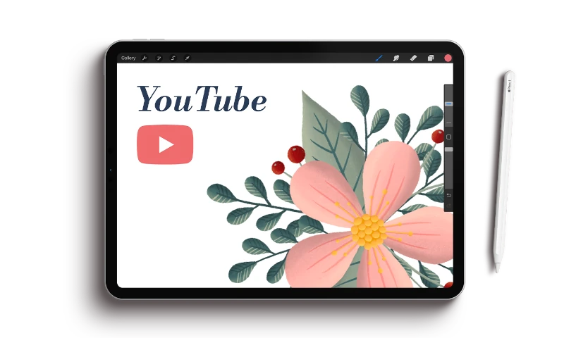 Leer digitaal tekenen in Procreate met mijn tips, trucs en tutorials op YouTube. IPad met ingezoomde Procreate-illustratie en YouTube-knop, getekend door Paulien van de Kuijlen.