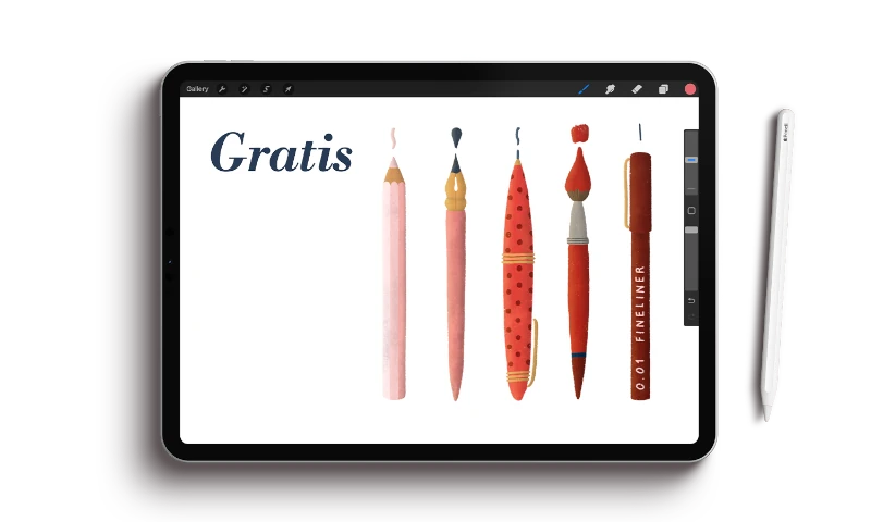 Ga digitaal tekenen in Procreate met mijn gratis Procreate brushes uit de Digitale Tekendoos. IPad met een Procreate-illustratie met pennen, een potlood en een kwast, gemaakt door Paulien van de Kuijlen.