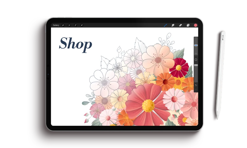 Ipad met illustratie gemaakt met de Procreate brushset uit de webshop van Paulien van de Kuijlen