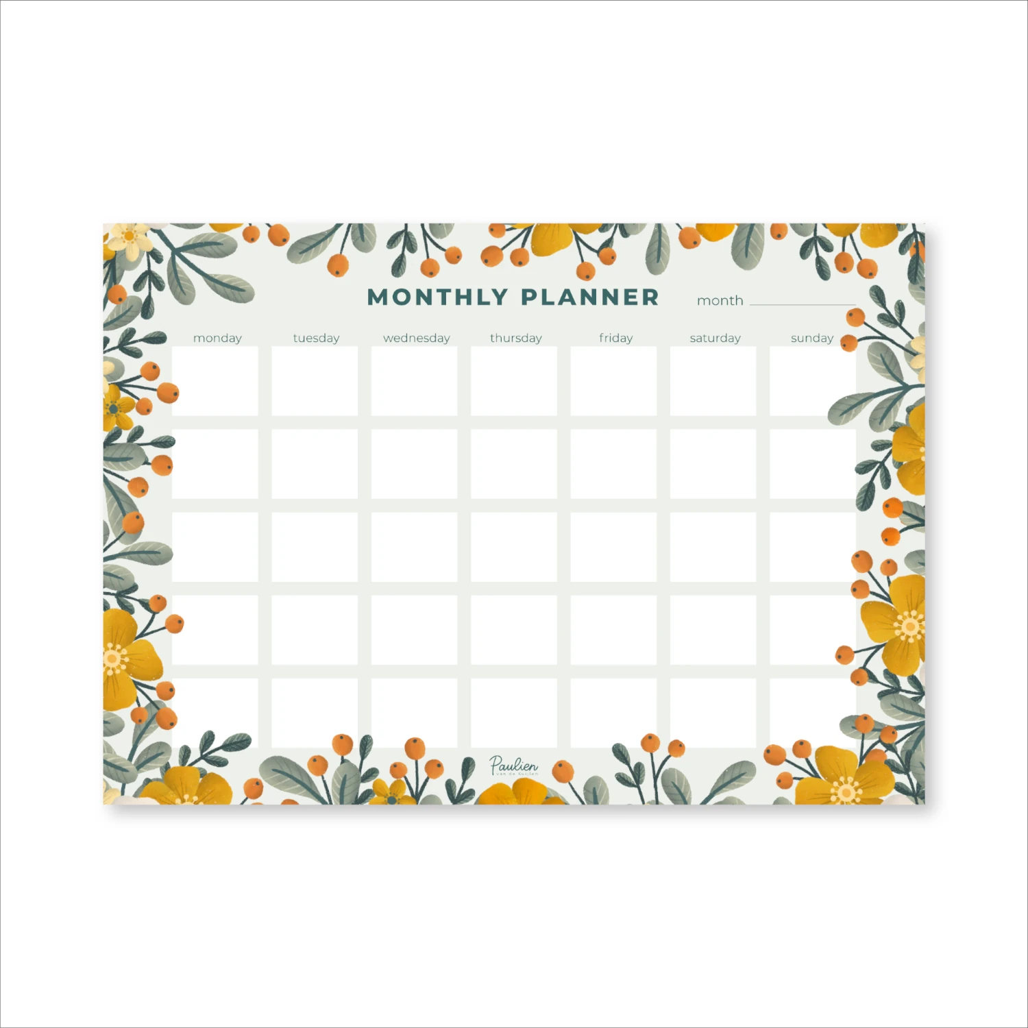 Maandplanner-met-bloemen-takken-oranje-besjes-illustraties-door-Paulien-van-de-Kuijlen Foto van een maandplanner met een rand van handgetekende illustraties van gele en oranje bloemen, takken met groene blaadjes en oranje besjes. Gemaakt door Paulien van de Kuijlen.