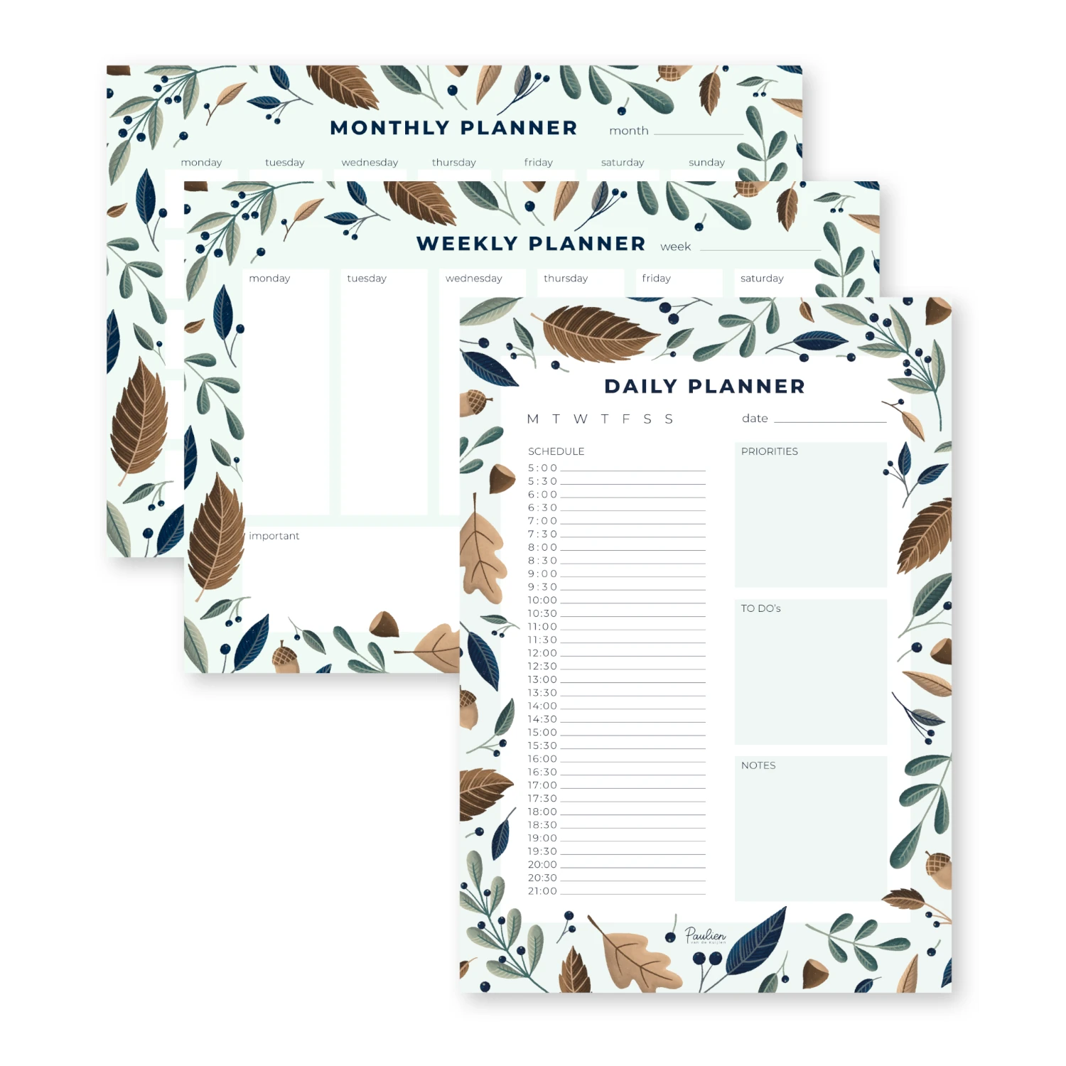 Planners-herfstbladeren-groen-blauw-bruin-illustraties-door-Paulien-van-de-Kuijlen Digitale planners met handgetekende herfstillustraties. Een maandplanner, weekplanner en dagplanner met een rand van bladeren, bessen, eikels en beukennootjes in groen-, blauw- en bruintinten. Getekend in Procreate door Paulien van de Kuijlen.