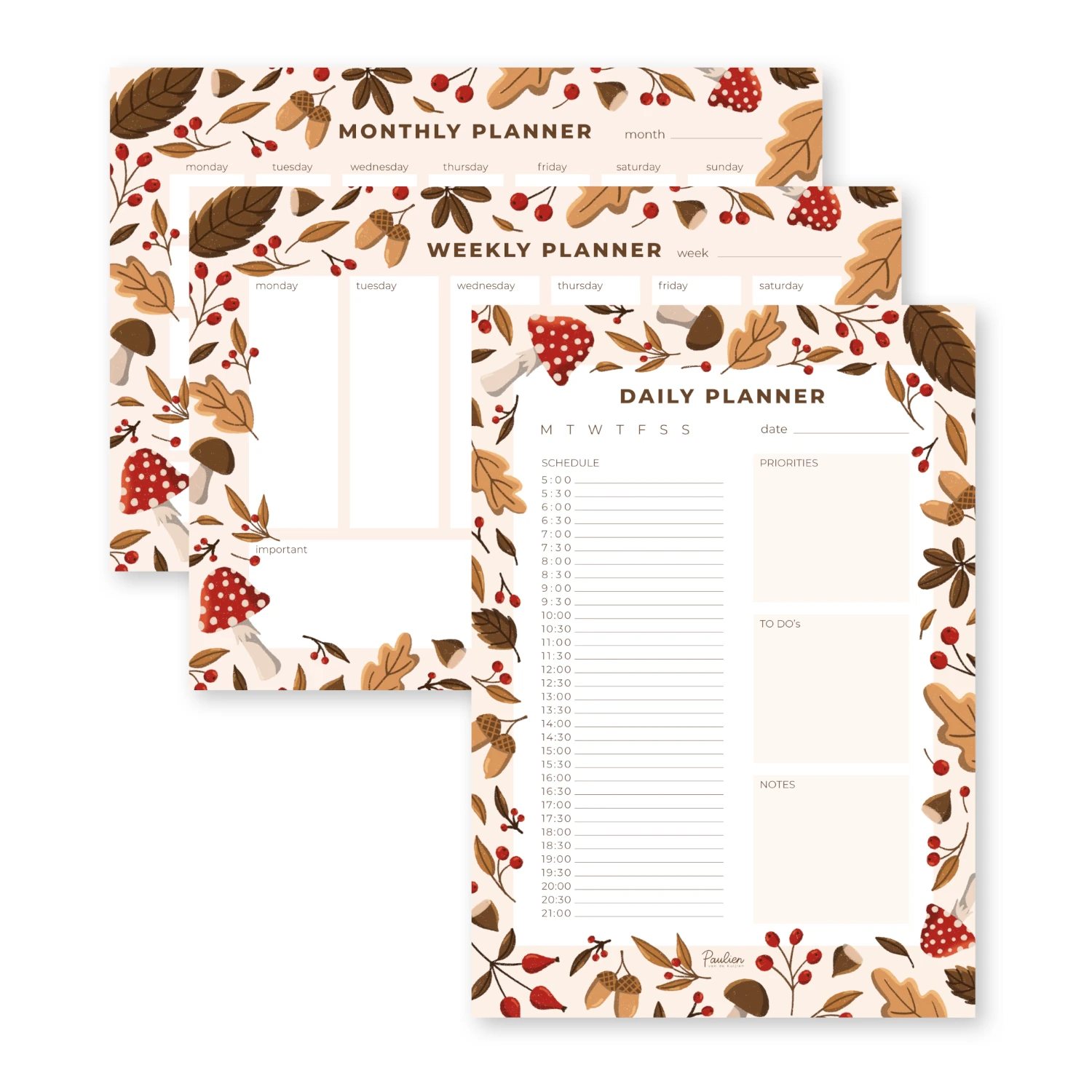 Planners-herfstbladeren-rood-bruin-illustraties-door-Paulien-van-de-Kuijlen Digitale planners met handgetekende herfstillustraties. Een maandplanner, weekplanner en dagplanner met een rand van bladeren, bessen, eikels, beukennootjes en paddenstoelen in rood- en bruintinten. Getekend in Procreate door Paulien van de Kuijlen.