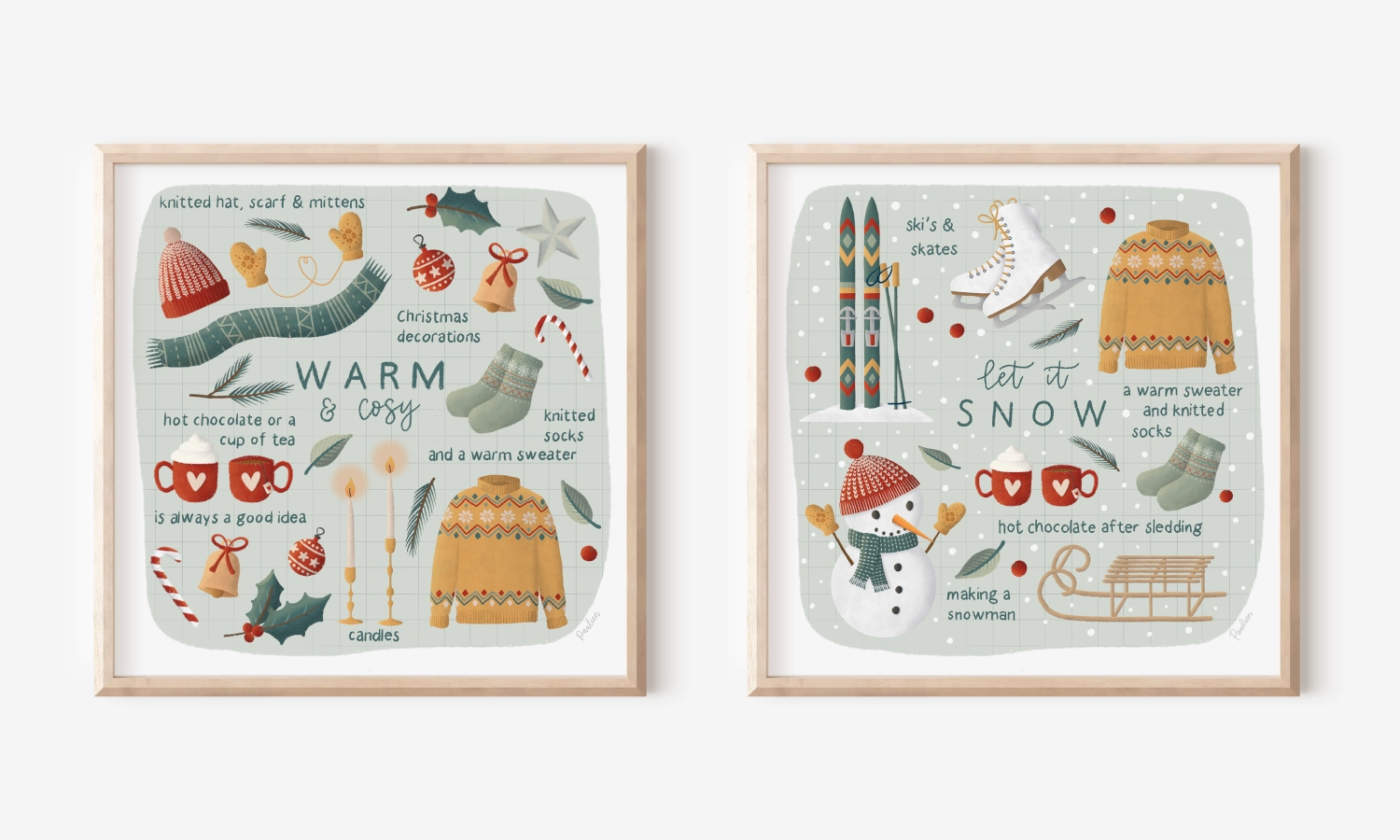 Twee handgetekende winterillustraties in houten lijsten: ‘Warm & Cozy’ met winterse accessoires en ‘Let it Snow’ met sneeuw, slee en ski’s. Getekend in Procreate door Paulien van de Kuijlen.
