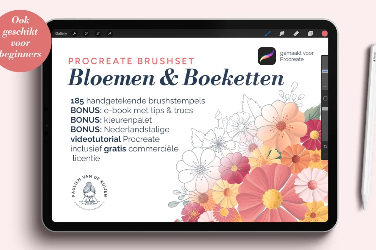 iPad met illustratie van een boeket bloemen, gemaakt met de Procreate brushset Bloemen & Boeketten van Paulien van de Kuijlen. Deze set bevat 185 handgetekende stempels en extra’s zoals een kleurenpalet en videotutorial.