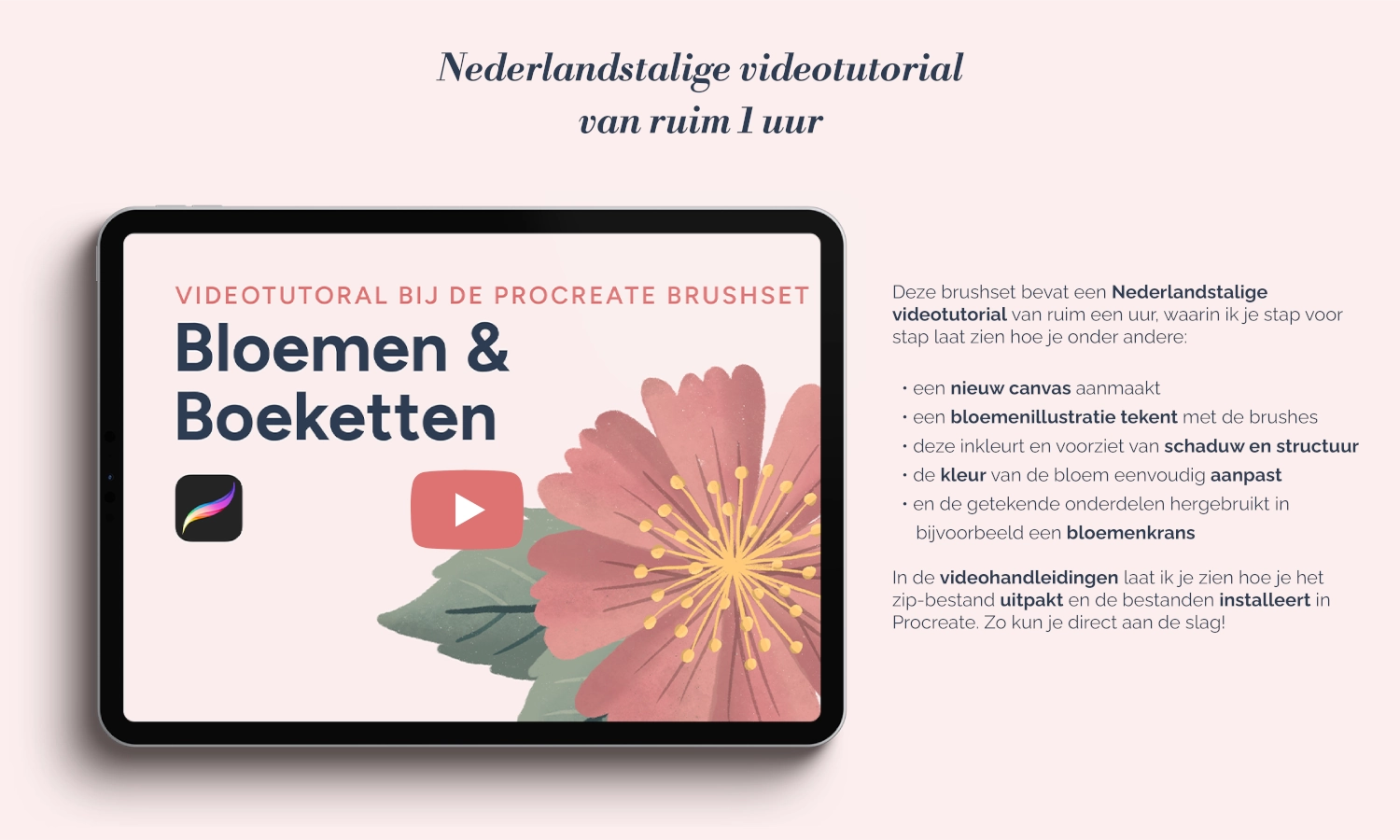 iPad met Procreate illustratie van bloemen en een YouTube-icoon voor de Nederlandstalige videotutorial van Paulien van de Kuijlen.