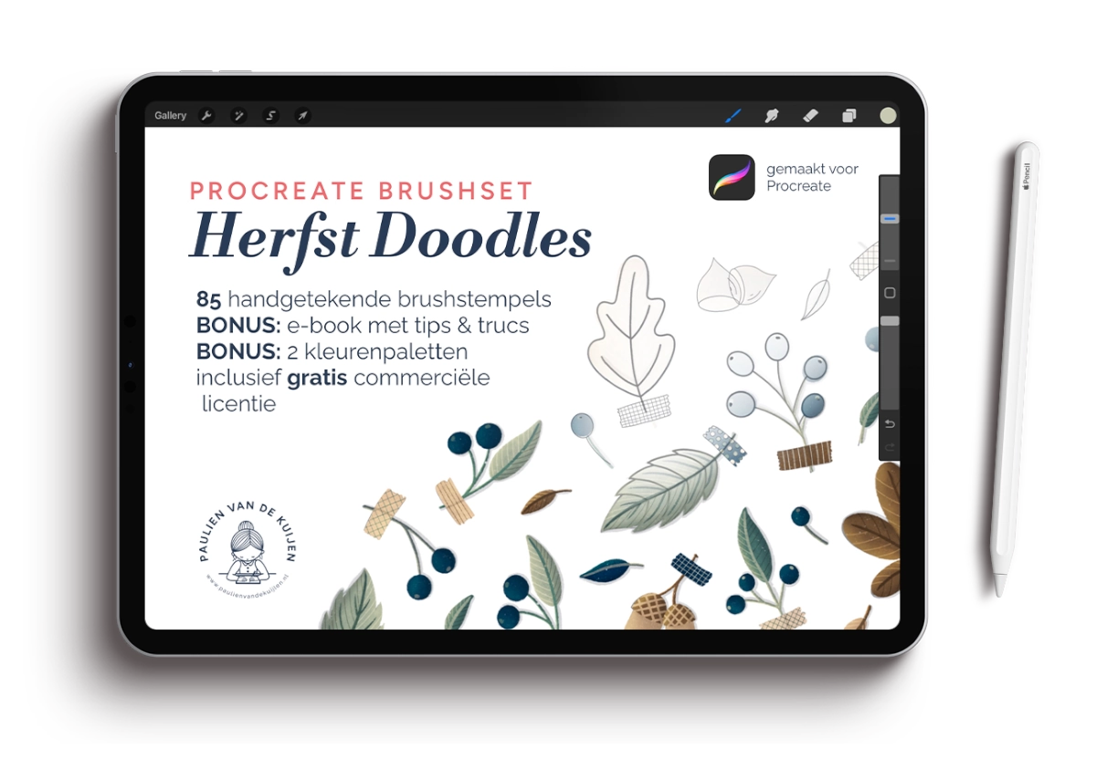 Ipad-met-Procreate-Brushset-Herfst-Doodles-Home-Paulien-van-de-Kuijlen Esoterische illustratie van een paarse mot, omringd door takken met blaadjes, maanstanden, sterren, stippen en een hamsa hand. Tekst op de afbeelding: 'It is magic'. Gemaakt in Procreate door Paulien van de Kuijlen.